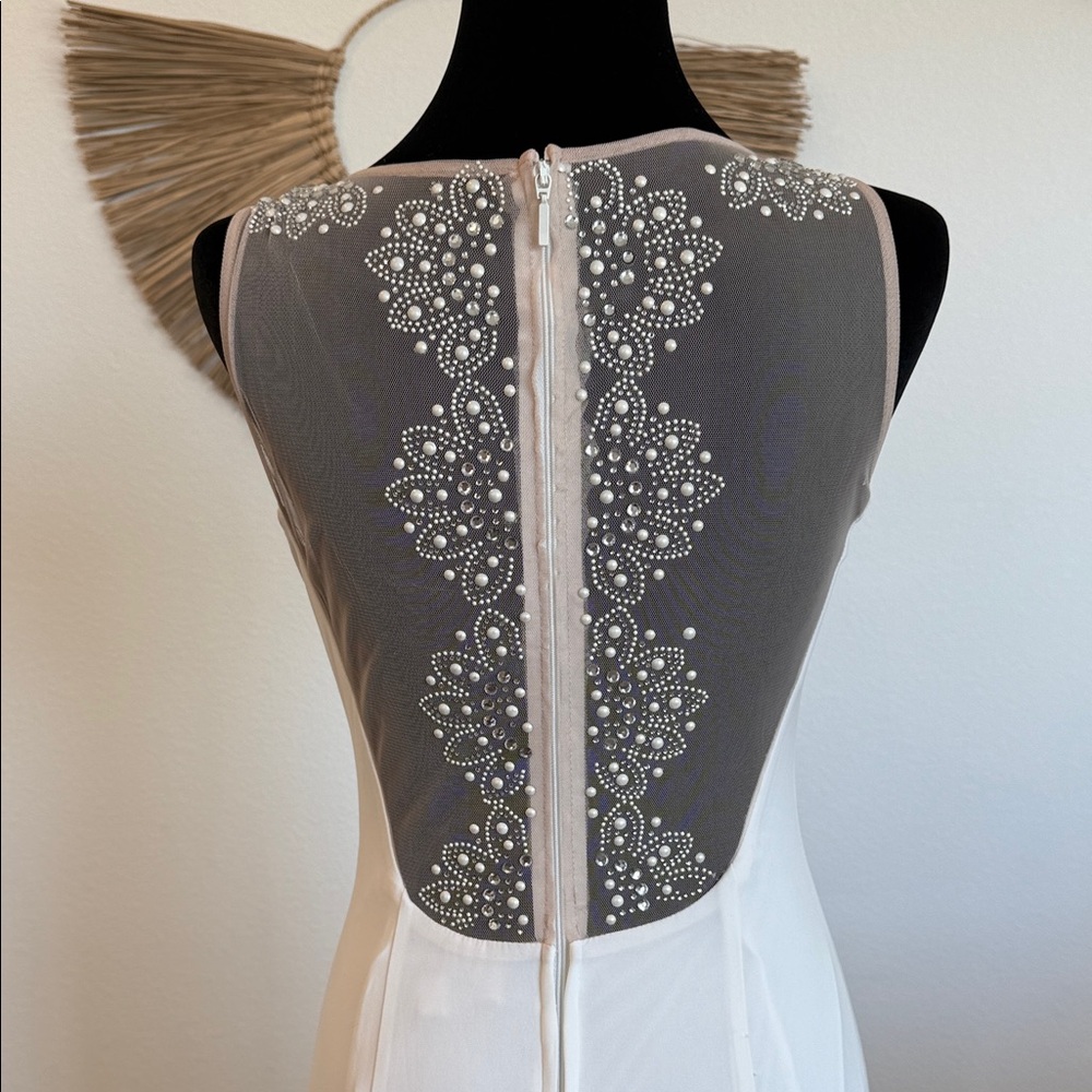 Adrianna Papell Elegant White Maxi Dress with Black Mesh - Picture 9 of 17